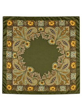 Luxury Paisley Floral Satin Scarf for Women – 35” Square Olive Green Gold Sage